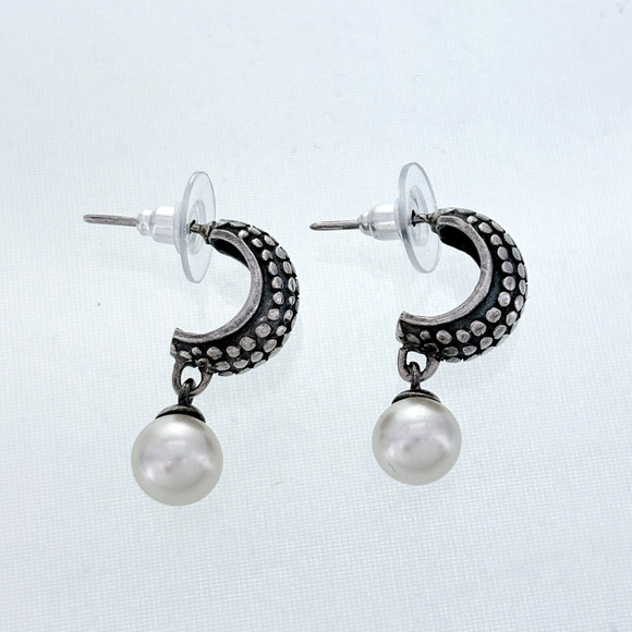 Vintage Sterling Silver 925 Hobnail Detail Imitation Pearl Drop Earrings - Picture 1 of 6